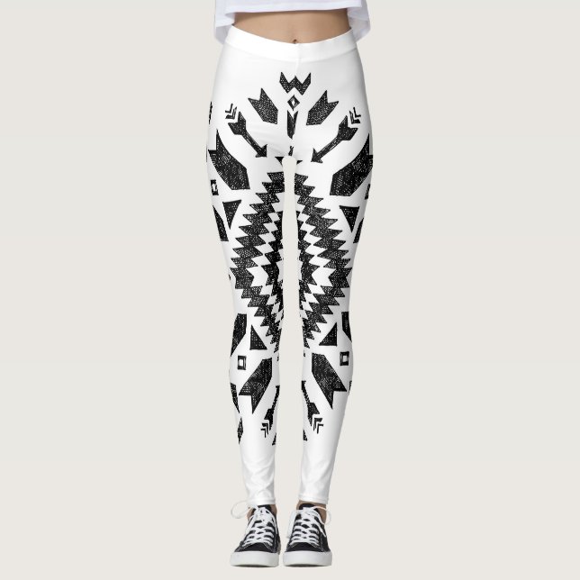 Tribal Design: Black White Hand-Drawn Leggings (Front)