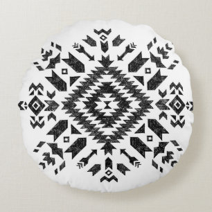 Tribal Design: Black White Hand-Drawn Round Cushion