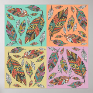 Tribal Design Feathers on Four Color Squares Poster