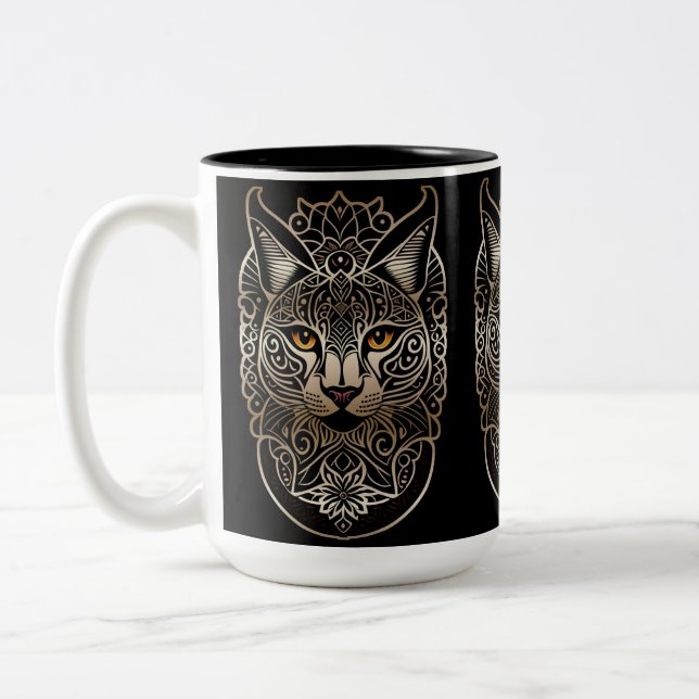 Tribal Design Gold Lynx Two-Tone Coffee Mug (Left)