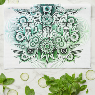 Tribal Design Green Tint Tea Towel
