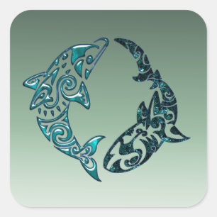 Tribal Dolphin and Shark Tattoo Square Sticker