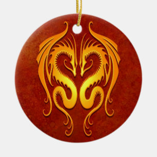Tribal Dragons, red and yellow Ceramic Tree Decoration