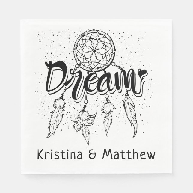 Tribal Dreamcatcher Black White Boho Wedding Napkin (Front)
