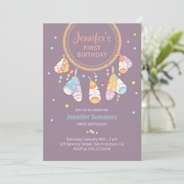 Tribal Dreamcatcher Boho Baby First 1st Birthday Invitation (Standing Front)