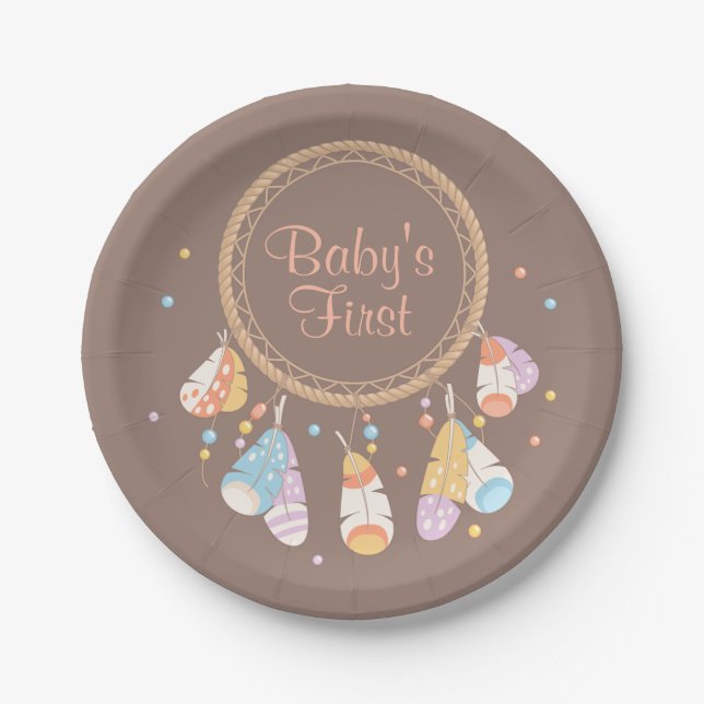 Tribal Dreamcatcher Boho Baby First 1st Birthday Paper Plate (Front)