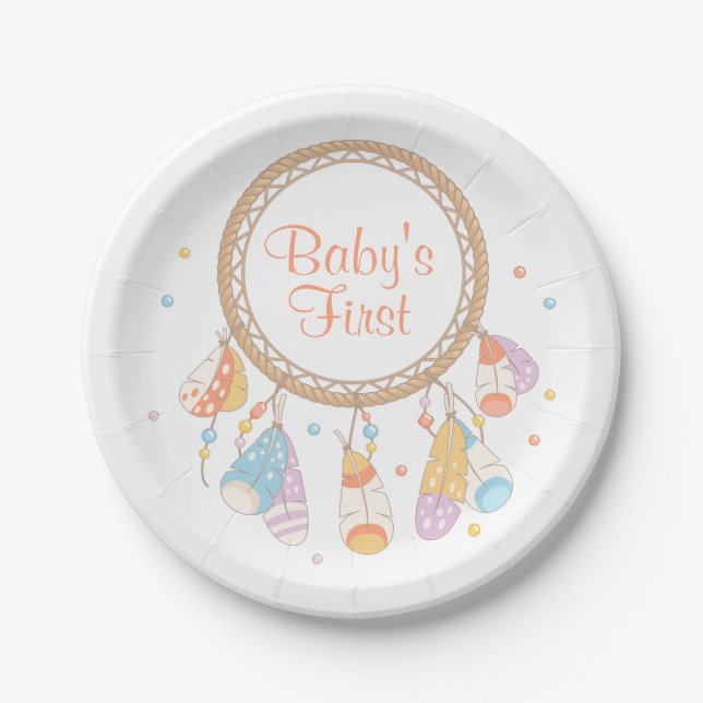 Tribal Dreamcatcher Boho Baby First 1st Birthday Paper Plate (Front)