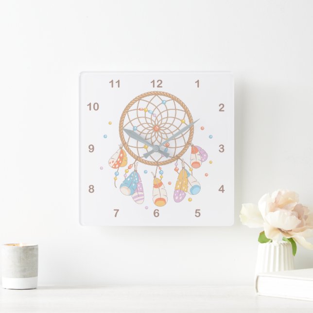 Tribal Dreamcatcher Boho Baby Nursery 2 Square Wall Clock (Home)