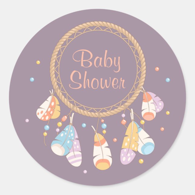 Tribal Dreamcatcher Boho Baby Shower Purple Classic Round Sticker (Front)