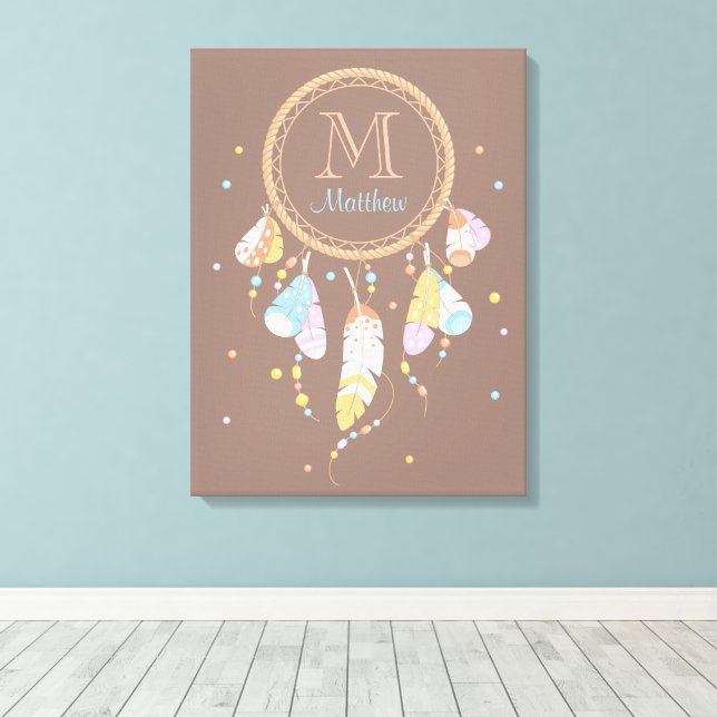 Tribal Dreamcatcher Boho Brown Monogram Initial Canvas Print (Insitu(Wood Floor))
