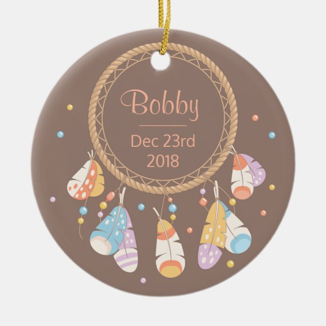 Tribal Dreamcatcher Boho New Baby Keepsake Ceramic Tree Decoration (Front)