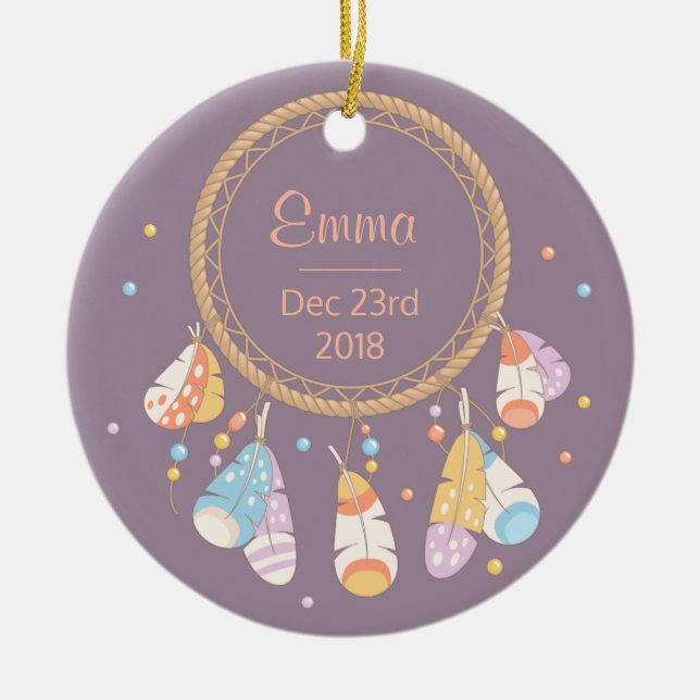 Tribal Dreamcatcher Boho New Baby Keepsake Ceramic Tree Decoration (Front)