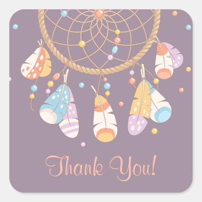 Tribal Dreamcatcher Boho Thank You Purple Square Sticker (Front)