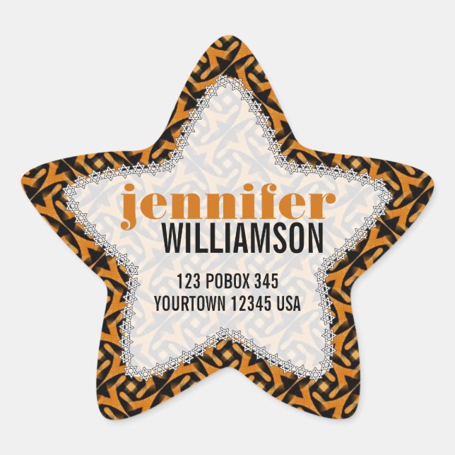 Tribal Earthy Batik Custom Name Star Stickers (Front)