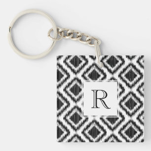 Tribal Elegant Black and White Ikat Pattern Key Ring