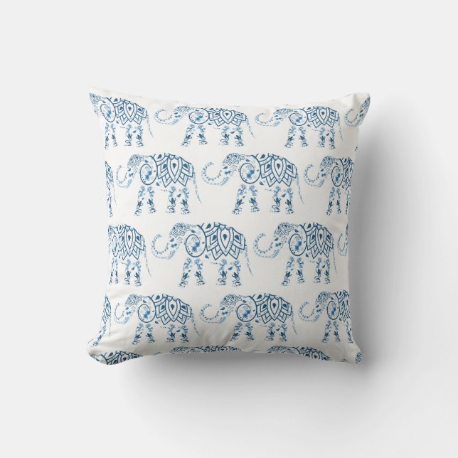 Tribal Elephant Blue Mandala on White Cushion (Front)