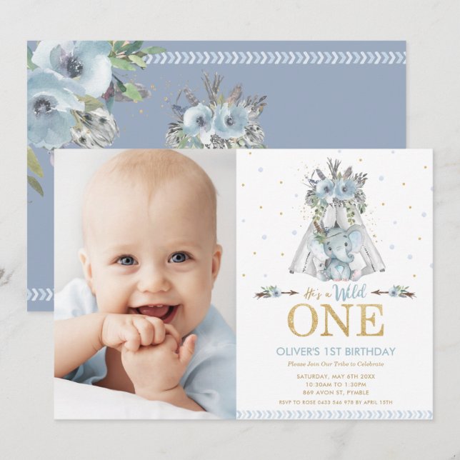 Tribal Elephant Boy Wild One 1st Birthday Photo Invitation (Front/Back)