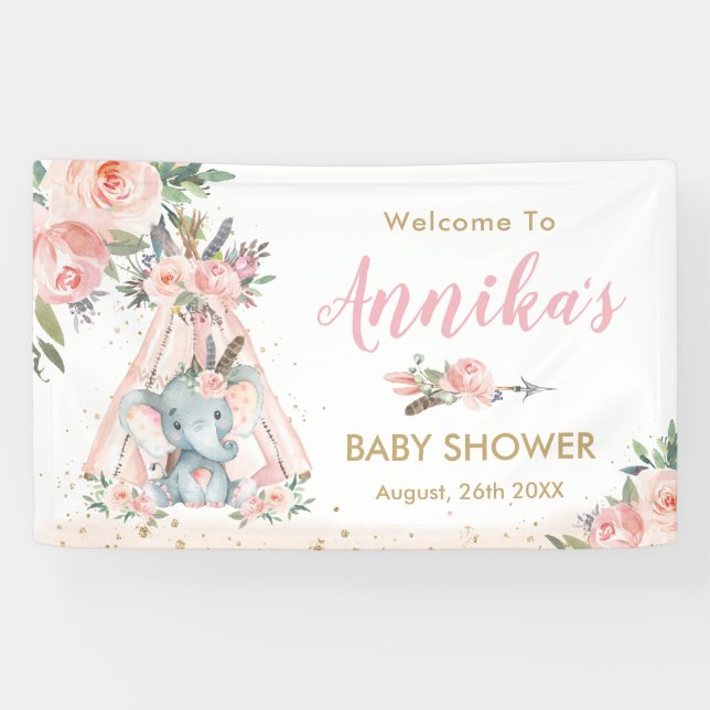 Tribal Elephant Pink Floral Baby Shower Backdrop  Banner (Horizontal)