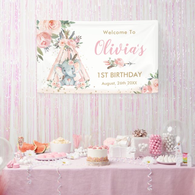 Tribal Elephant Pink Floral Birthday Baby Backdrop Banner (Party)