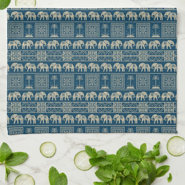 Tribal Elephant & Trees Tea Towel (Folded)