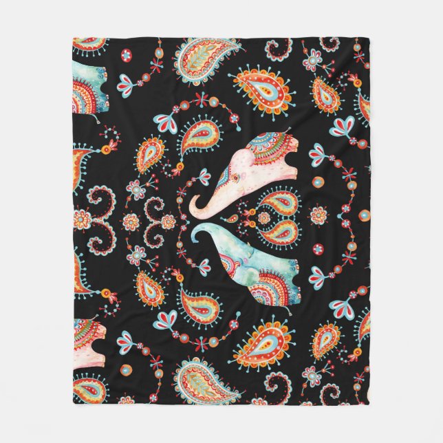 Tribal Elephant: Watercolor Paisley Pattern. Fleece Blanket (Front)