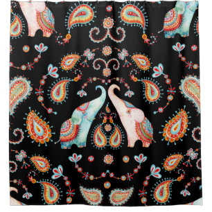 Tribal Elephant: Watercolor Paisley Pattern. Shower Curtain