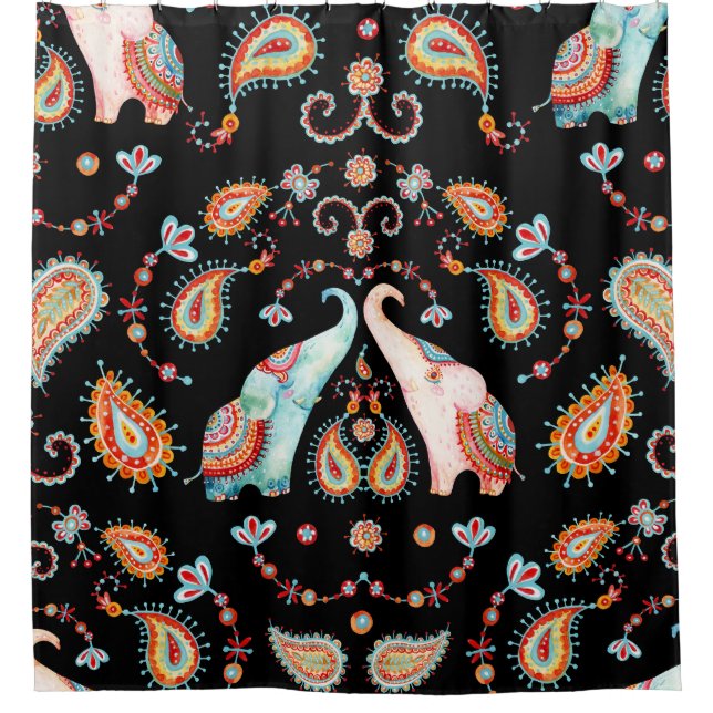 Tribal Elephant: Watercolor Paisley Pattern. Shower Curtain (Front)