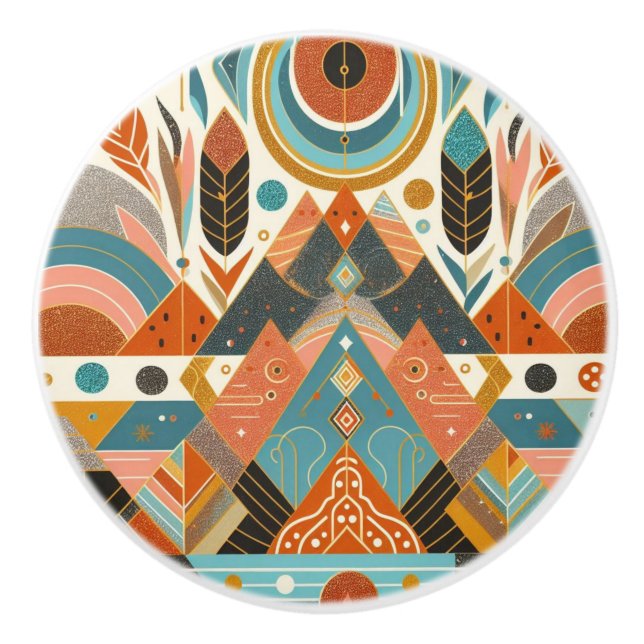 Tribal Ethnic African Pattern Earth Multicolors  Ceramic Knob (Front)