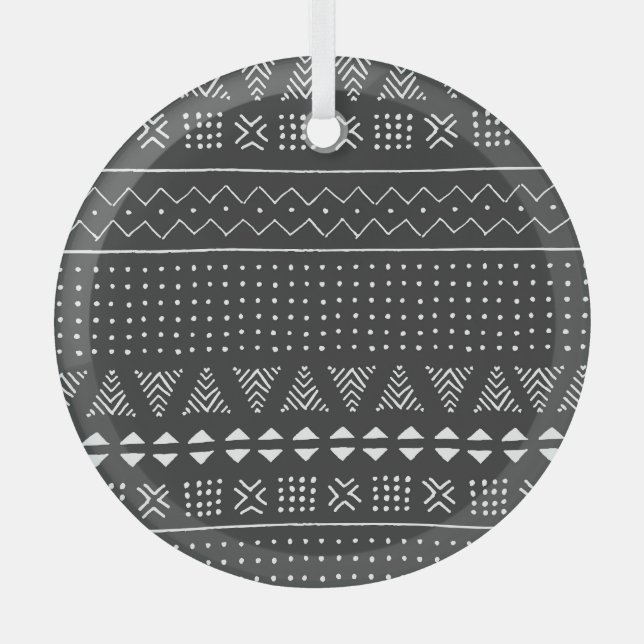 Tribal ethnic: black white pattern. glass tree decoration (Front)