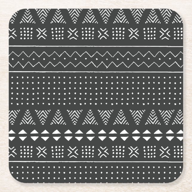 Tribal ethnic: black white pattern. square paper coaster (Front)