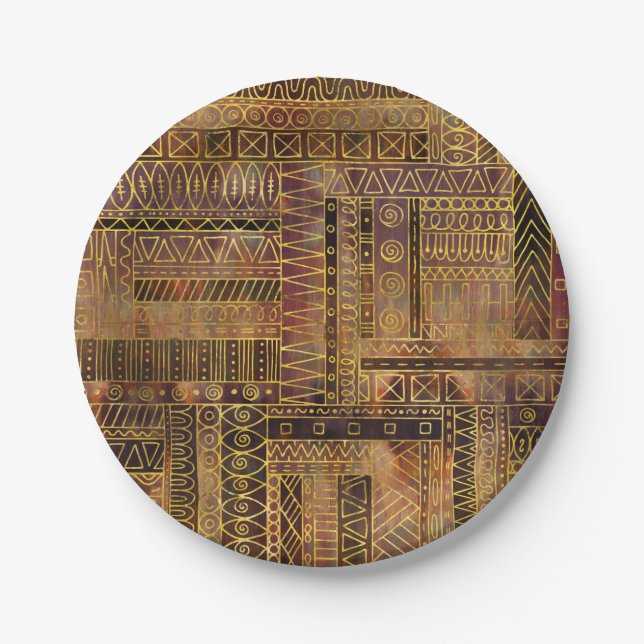Tribal  Ethnic Boho Pattern gold and brown Paper Plate (Front)