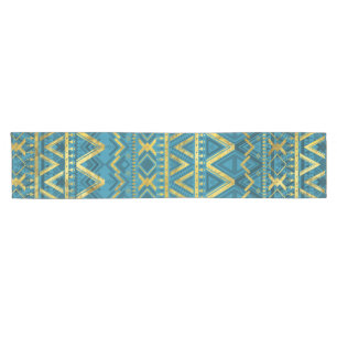 Tribal  Ethnic Boho Pattern gold and teal Short Table Runner