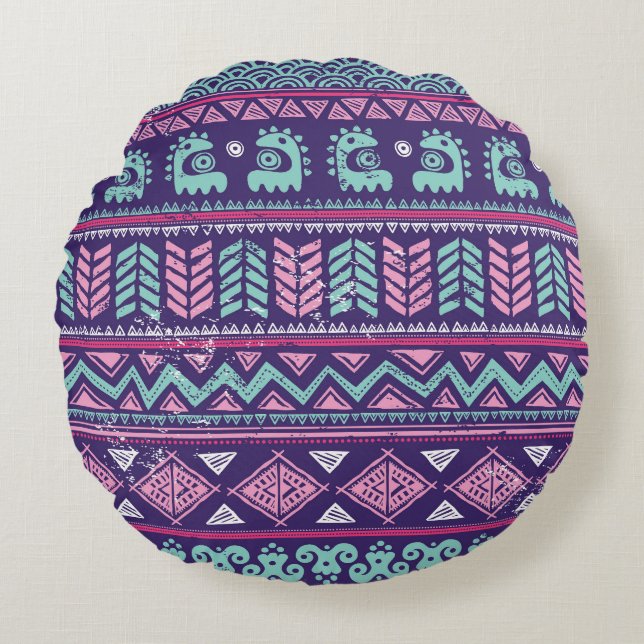 Tribal Ethnic: Colourful Seamless Pattern. Round Cushion (Front)