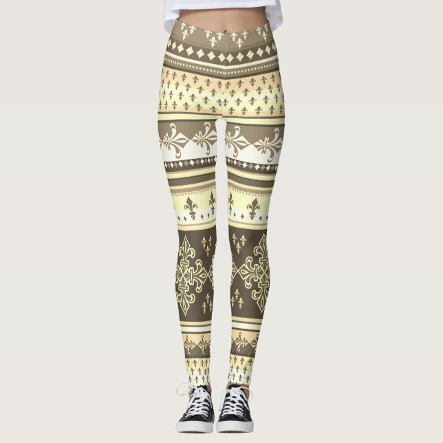 Tribal Ethnic Cream Earth Tones Brown Olive Khaki Leggings (Front)