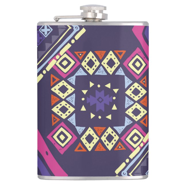 Tribal ethnic, primitive geometric background. hip flask (Front)