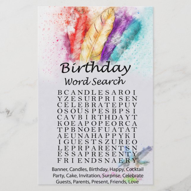 Tribal Feather Birthday word search game (Front)