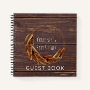 Tribal Feathers Baby Shower Guest Book Rustic Wood