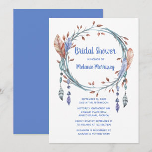 Tribal Feathers Blue Boho Bridal Shower Invitation