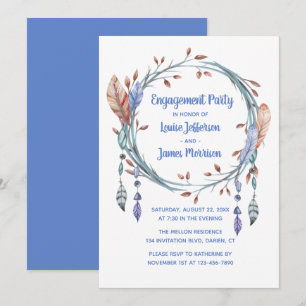 Tribal Feathers Blue Boho Engagement Party Invitation