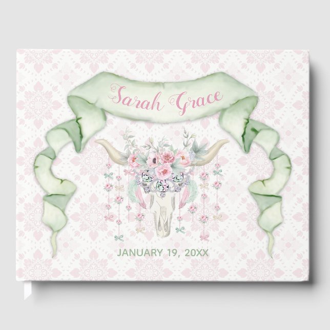 Tribal Floral Bull Horns Arrows Pink Mint Feminine Guest Book (Front)