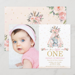 Tribal Floral Elephant Wild One 1st Birthday Photo Invitation
