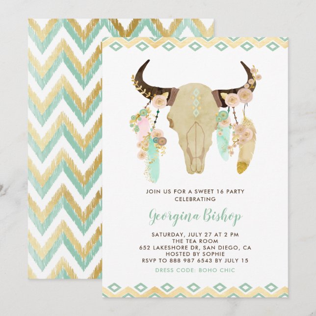 Tribal Floral Skull and Feathers Sweet Sixteen Invitation (Front/Back)