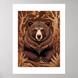 Tribal Forest Bear in Earthy Tones Poster