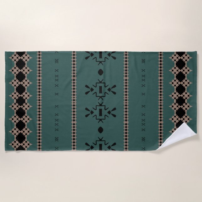 Tribal Forest Green Mud Cloth     Beach Towel (Front)