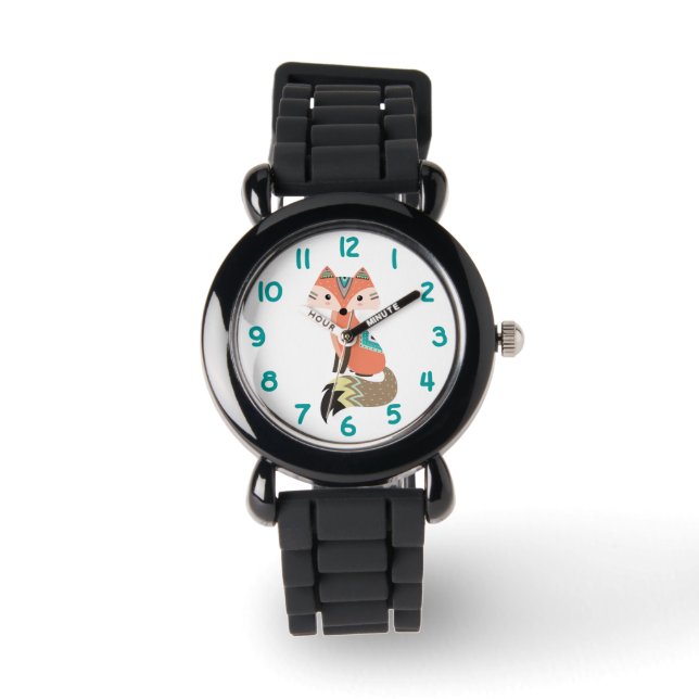 Tribal Fox Teal Number Kids Watch (Front)