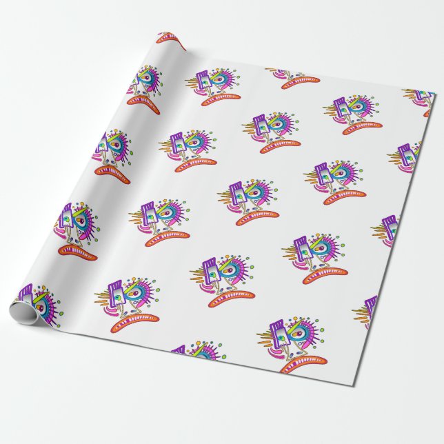 TRIBAL FROWNIE EMOJI MEEMOGIE WRAPPING PAPER (Unrolled)