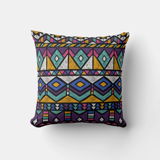 Tribal Geometric Aztec: Colourful Vintage Pattern Cushion (Front)