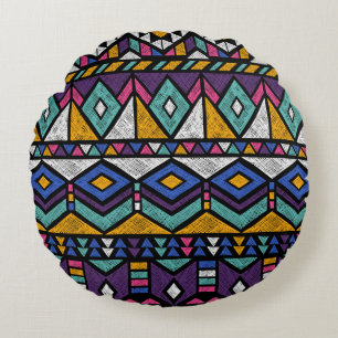 Tribal Geometric Aztec: Colourful Vintage Pattern Round Cushion