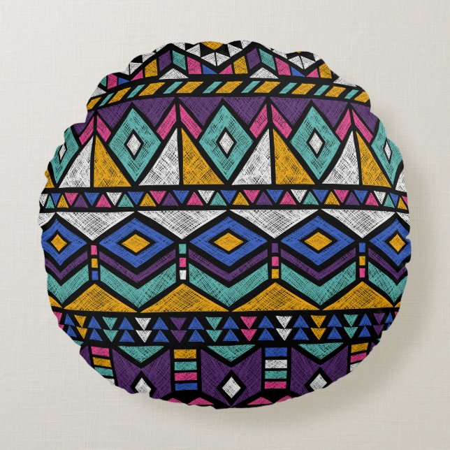 Tribal Geometric Aztec: Colourful Vintage Pattern Round Cushion (Front)