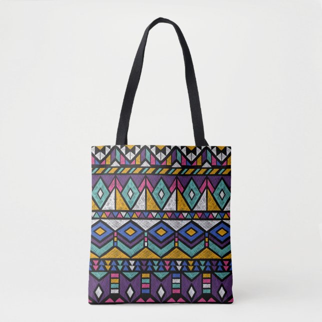 Tribal Geometric Aztec: Colourful Vintage Pattern Tote Bag (Front)